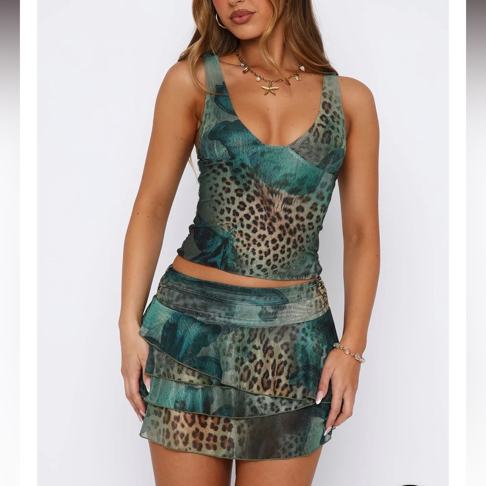 White Fox Boutique Green Teal Leopard Print Tank & Ruffle Mini Skirt Set